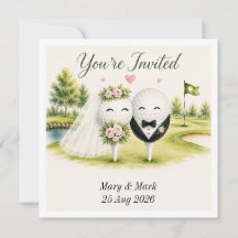 ゴルフボールがグリーンに描かれたゴルファーの結婚式招待状