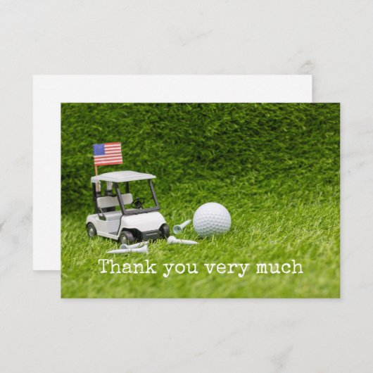 ゴルフボールとアメリカ国旗を備えたゴルフカート サンキューカード (正面/裏面)