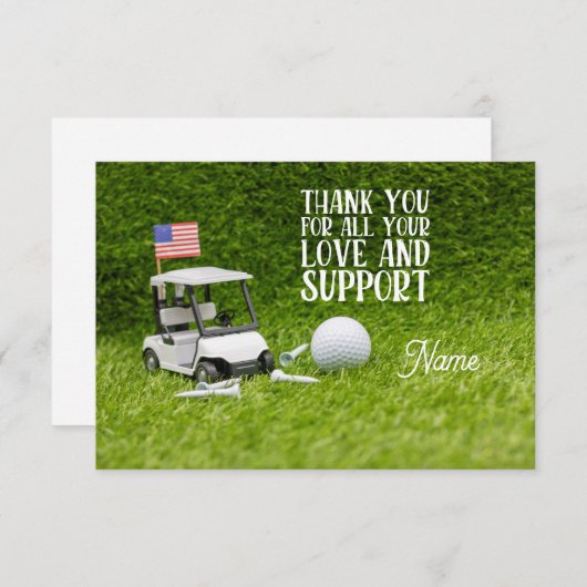 ゴルフボールとアメリカ国旗を備えたゴルフカー感謝していト サンキューカード (正面/裏面)