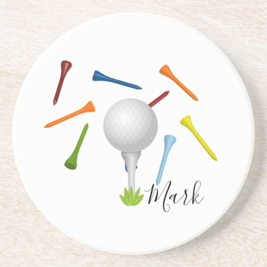 ゴルフボールとカラフルティーオンホワイト  コースター (正面)