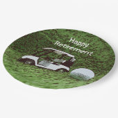 ゴルフボールとカートを使ったゴルフ·ハッピー·リタイアメント ペーパープレート (アングル)