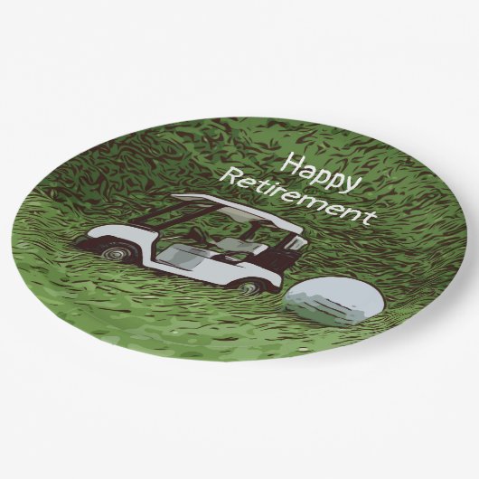 ゴルフボールとカートを使ったゴルフ·ハッピー·リタイアメント ペーパープレート (アングル)
