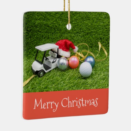 ゴルフボールとクリスマスギフトを備えたゴルフカート セラミックオーナメント (右)