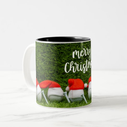 ゴルフボールとクリスマスハットを使用したゴルフクリスマス ツートーンマグカップ (正面左)