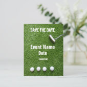 ゴルフボールとグリーンでパターを打ち、日付を保存 ポストカード (スタンド正面)