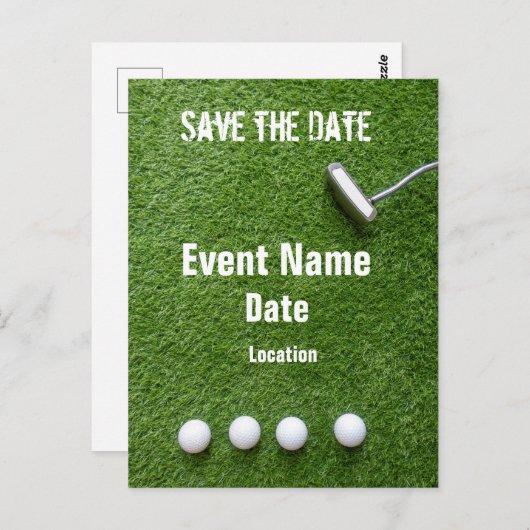 ゴルフボールとグリーンでパターを打ち、日付を保存 ポストカード (正面/裏面)