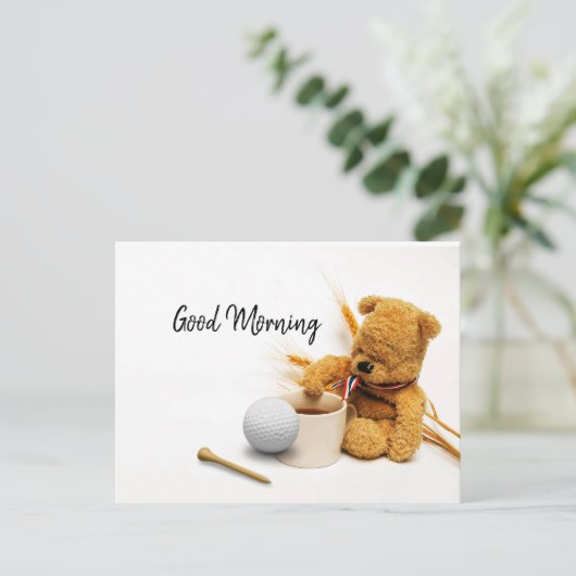 ゴルフボールとコーヒーカードを持つグッドモーニングゴルファー ポストカード (スタンド正面)