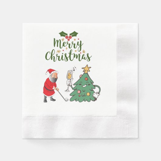ゴルフボールとサンタクロースMerry Christmas golf 縁ありカクテルナプキン (正面)