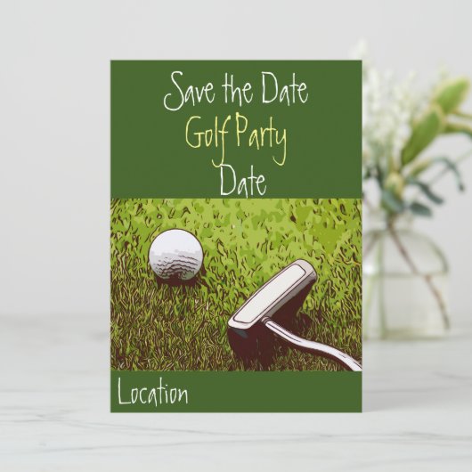 ゴルフボールとパターが緑の芝生の上の招待状 招待状 (スタンド正面)
