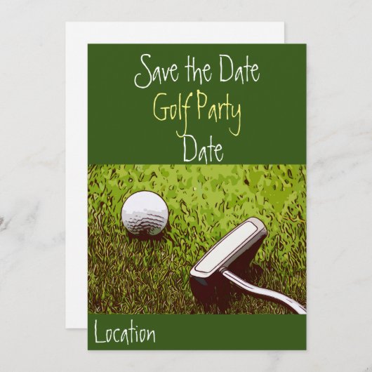ゴルフボールとパターが緑の芝生の上の招待状 招待状 (正面/裏面)