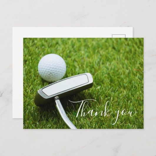 ゴルフボールとパターを備えたゴルファー用サンキューカード ポストカード (正面/裏面)