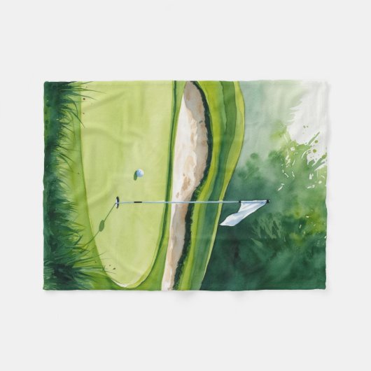 ゴルフボールとパッティンググリーンの国旗 フリースブランケット (正面(横))