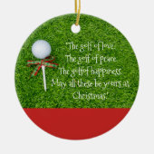 ゴルフボールとリボン付きティーを備えたゴルフクリスマス セラミックオーナメント (正面)