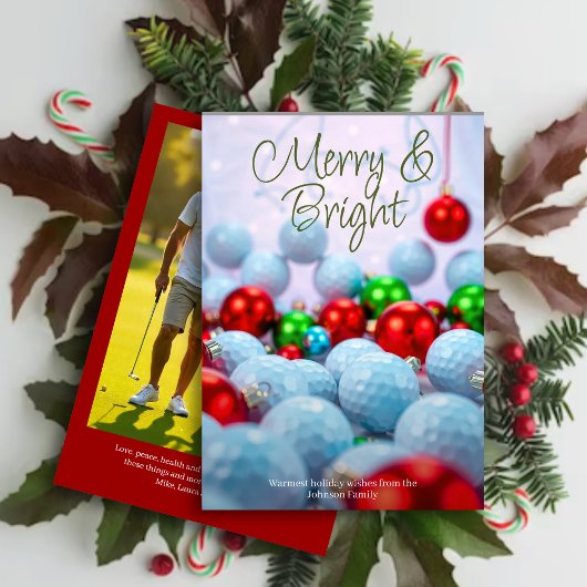 ゴルフボールと光沢のあるオーナメント・家族写真の赤 シーズンカード