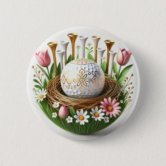 ゴルフボールと花とゴルフイースターホリデーカード 缶バッジ (正面)