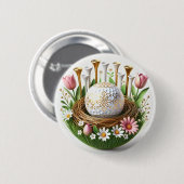 ゴルフボールと花とゴルフイースターホリデーカード 缶バッジ (正面&裏面)