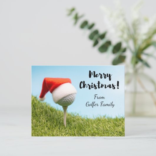ゴルフボールにサンタハットが付いたゴルフクリスマスホリデー シーズンポストカード (スタンド正面)