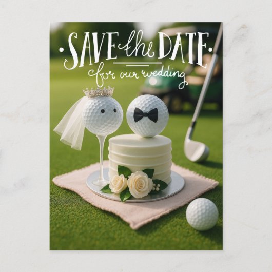 ゴルフボールを使った結婚式のセーブ・ザ・デート ポストカード (正面)