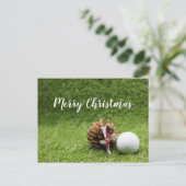 ゴルフボールカードを持つゴルファーへのメリークリスマス ポストカード (スタンド正面)