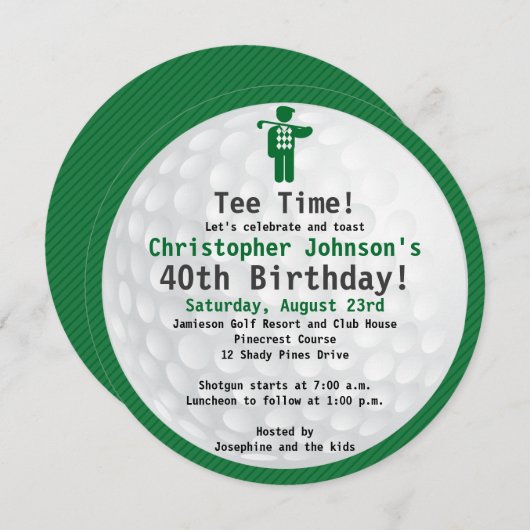 ゴルフボールグリーンブラックゴルフバースデーパーティーの招待 招待状 (正面/裏面)