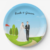 ゴルフボールティー付きゴルフの新郎新婦結婚。 ペーパープレート (正面)