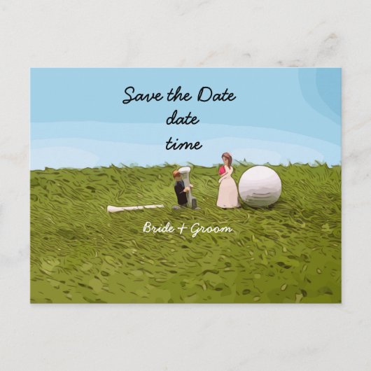 ゴルフボールティー付きゴルフの新郎新婦結婚。 ポストカード (正面)
