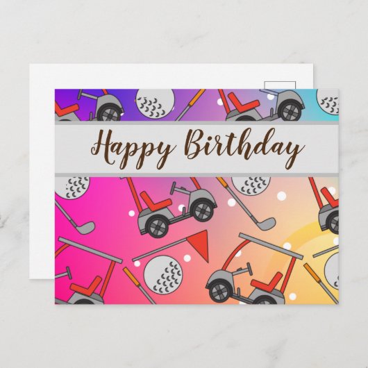 ゴルフボールフラグ及びカート付きゴルフハッピーバースデー ポストカード (正面/裏面)