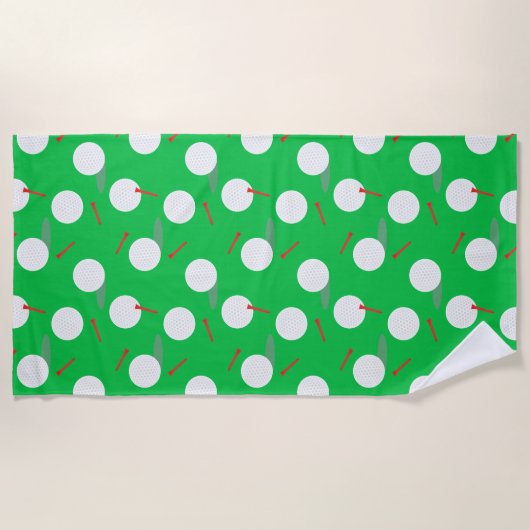 ゴルフボール及びティーのパターン、おもしろいゴルファー ビーチタオル (正面)