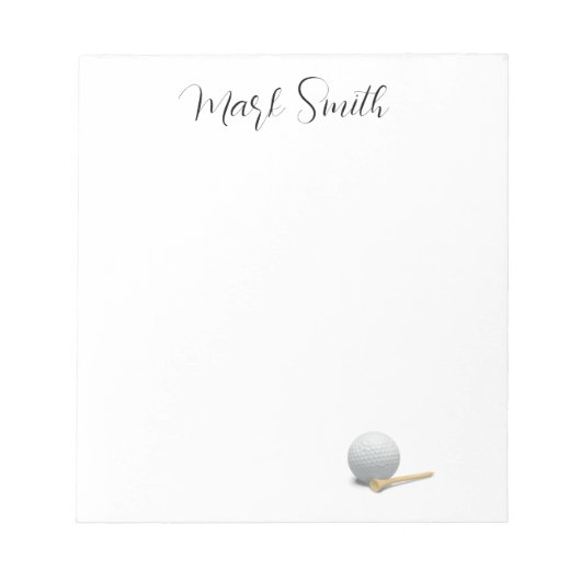 ゴルフボール及びティーを有するゴルファーの名称付きゴルフ ノートパッド (正面)