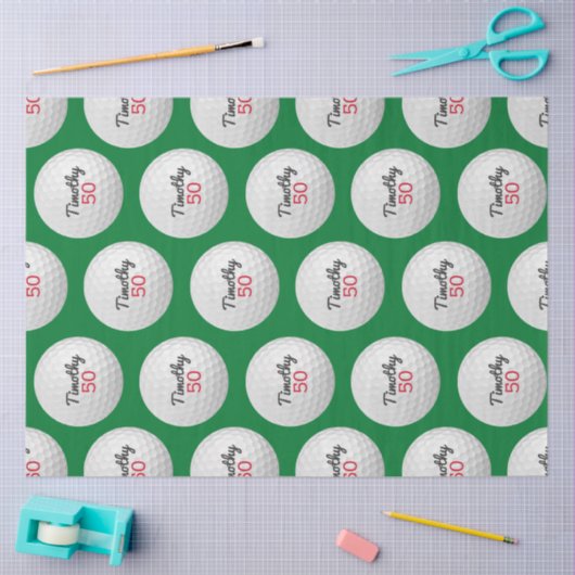 ゴルフボール誕生日パーティー – 50thまたは他の年 薄葉紙 (クラフト)