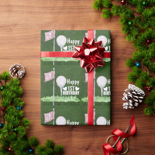 ゴルフボール1st誕生日ボールとフラグが緑 ラッピングペーパー (クリスマスギフト)