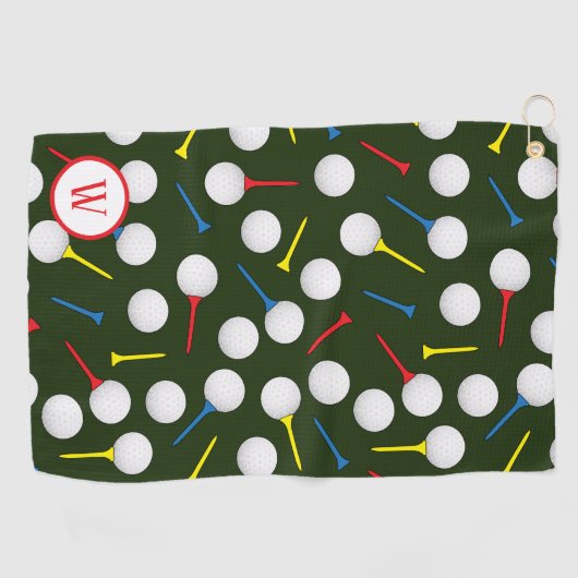 ゴルフボール&ティーゴルファーパターン（の模様が）あるモノグラム ゴルフタオル (横)