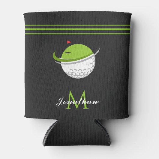 ゴルフボール&フラグ名前をカスタムするイニシャルグレストライプのー 缶クーラー (正面)