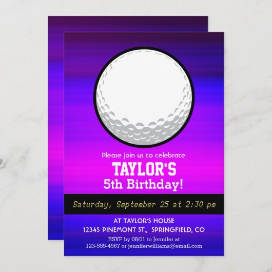 ゴルフボール;紫鮮やか青とマゼンタ 招待状 (正面/裏面)