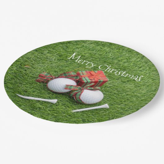 ゴルフボール（T型）とゴルファーのクリスマスプレゼント ペーパープレート (アングル)