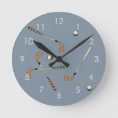 ゴルフモダンゴルファーのクラブボールパターンブルー ラウンド壁時計 (正面)