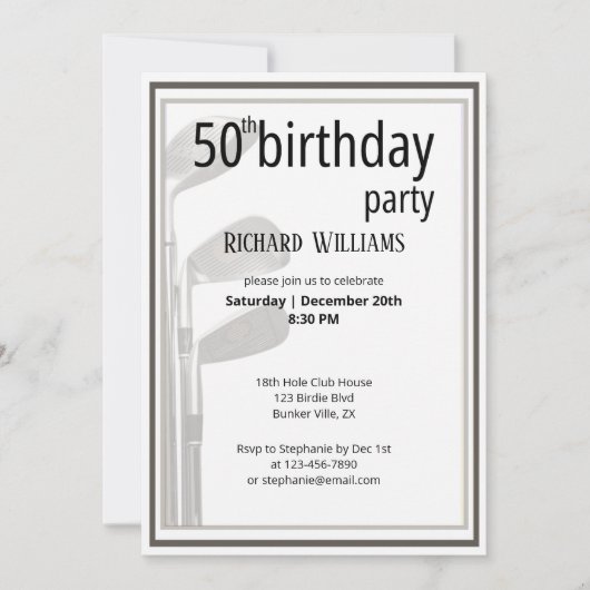 ゴルフモダン白黒メンズ50誕生日 招待状 (正面)