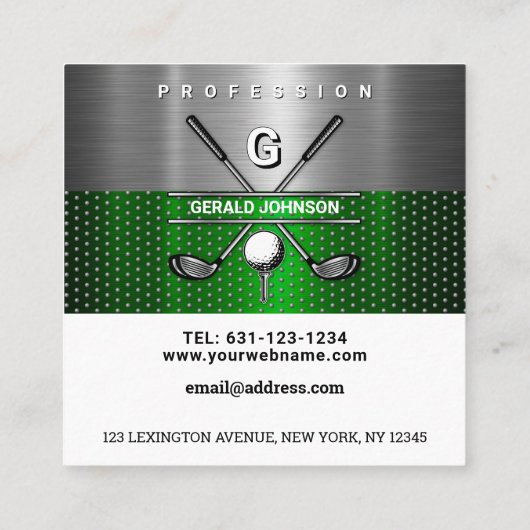 ゴルフモノグラム金属グリーン及び銀 スクエア名刺 (裏面)