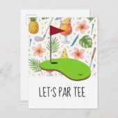 ゴルフレッツパー緑の白にゴルフフラッグとティー インビテーションポストカード (正面/裏面)
