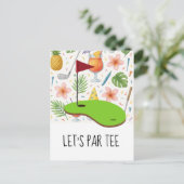 ゴルフレッツパー緑の白にゴルフフラッグとティー インビテーションポストカード (スタンド正面)