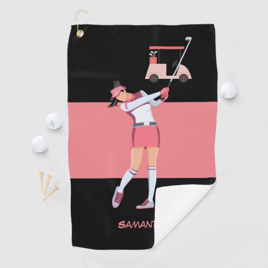 ゴルフレディーウーマンはピンクドレスピンクカートでゴルフをしている ゴルフタオル (インサイチュ)