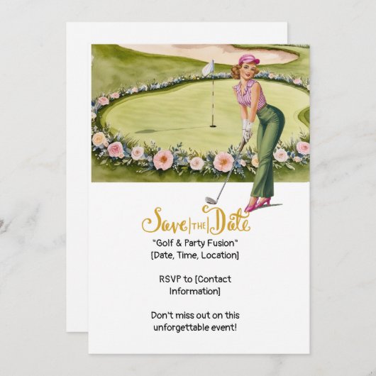 ゴルフレトロゴルフシック:女性ゴルファーでグリーン 招待状 (正面/裏面)