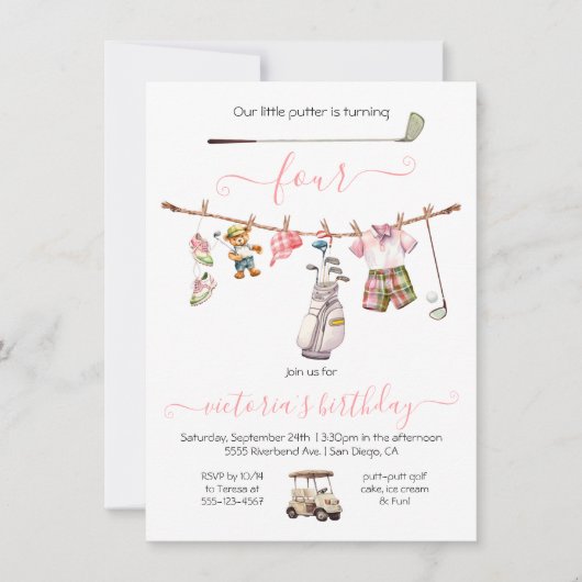 ゴルフ名門私立校風のガールバースデーパーティー 招待状 (正面)