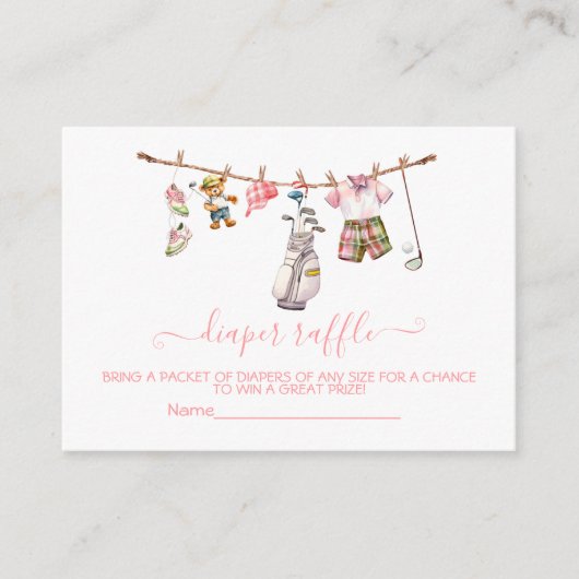 ゴルフ名門私立校風のガール物干おむつラッフルカード エンクロージャーカード (正面)