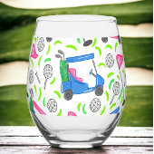 ゴルフ名門私立校風のピンクブルーゴルフカート模様 ステムなしワイングラス