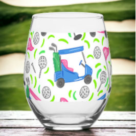 ゴルフ名門私立校風のピンクブルーゴルフカート模様 ステムなしワイングラス