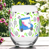 ゴルフ名門私立校風のピンクブルーゴルフカート模様 ステムなしワイングラス
