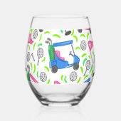 ゴルフ名門私立校風のピンクブルーゴルフカート模様 ステムなしワイングラス (正面)