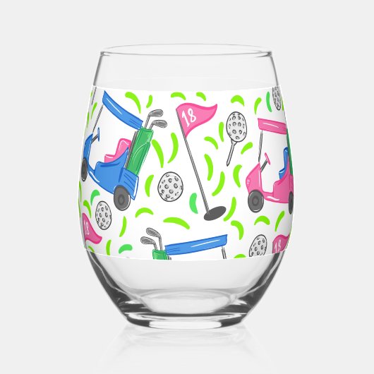 ゴルフ名門私立校風のピンクブルーゴルフカート模様 ステムなしワイングラス (裏面)