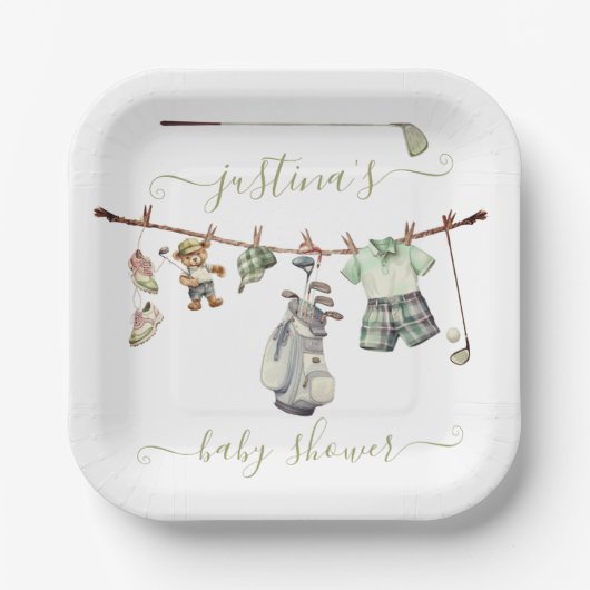 ゴルフ名門私立校風のベビーシャワー物干し具 ペーパープレート (正面)